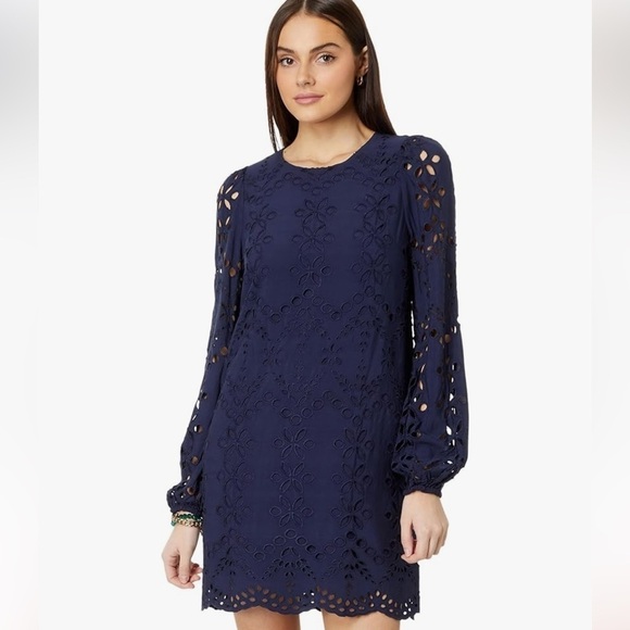 Lilly Pulitzer Women's Alyna Long Sleeve Eyelet Dress In True Navy Soiree Eyelet - Picture 4 of 16
